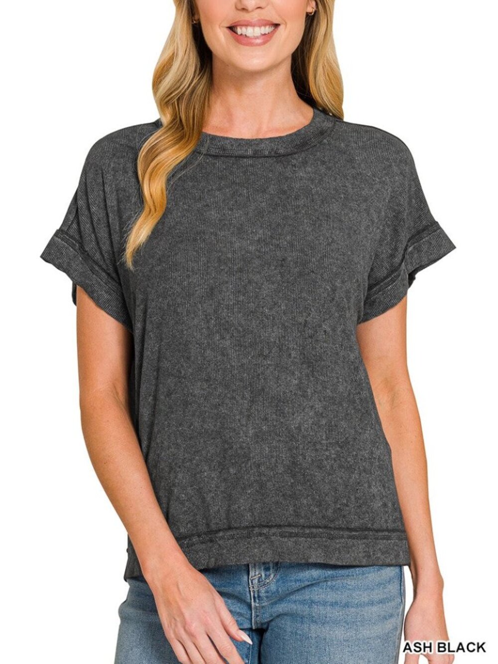 Zenana Ribbed Acid Washed Rayon Top, Black